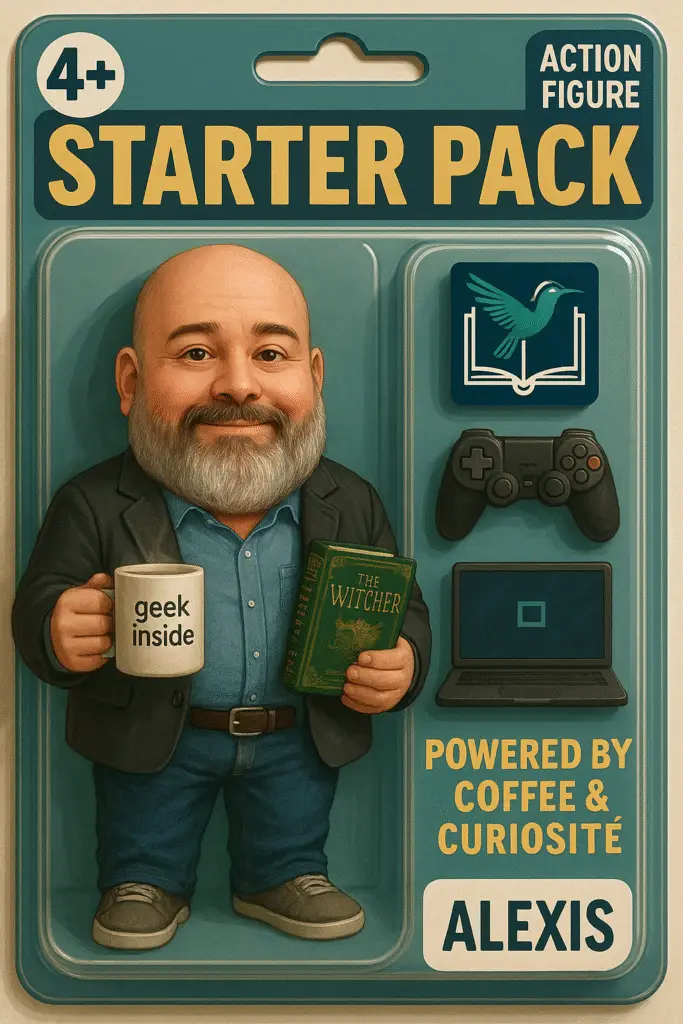 Illustration humoristique en style figurine représentant Alexis Chaperon, fondateur de Co-Libris, avec des éléments symbolisant son univers (tasse “geek inside”, livre The Witcher, manette de jeu, logo Co-Libris, etc.).